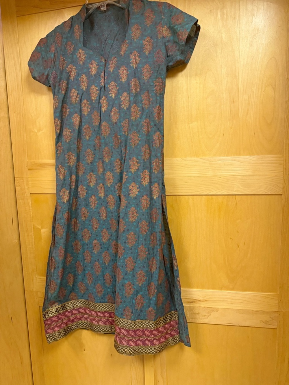 Teal Printed Short-Sleeve Tunic salwar Dress with Pink Border
